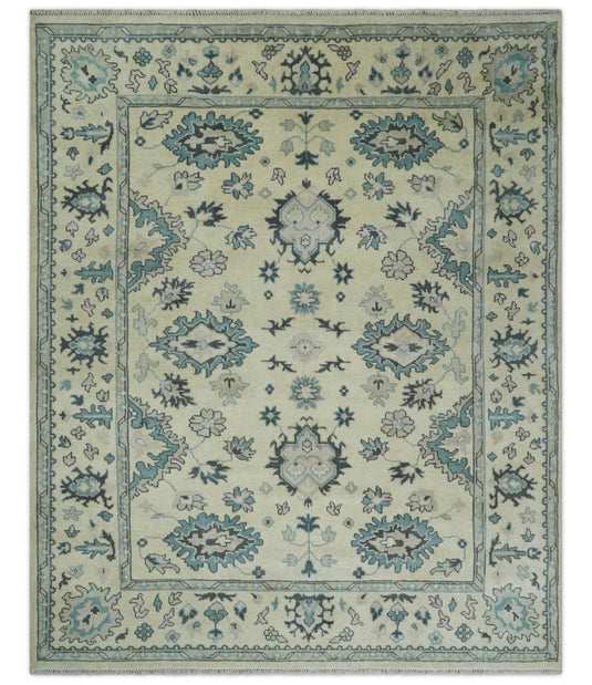Traditional 8x10 Beige and Blue Hand Knotted Oriental Oushak Wool Area Rug