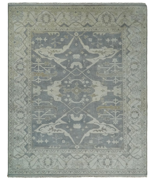 Traditional 8x10 Hand Knotted Charcoal, Ivory and Beige Oriental Oushak Wool Area Rug