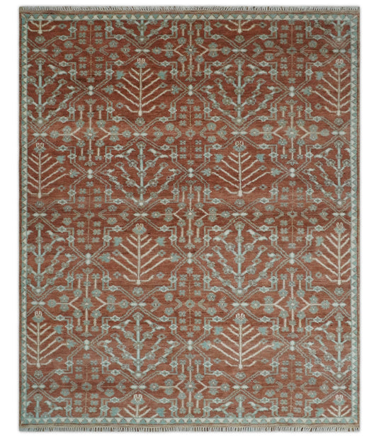 Turkish Floral Rust and Aqua Hand knotted 8x10 wool Area Rug