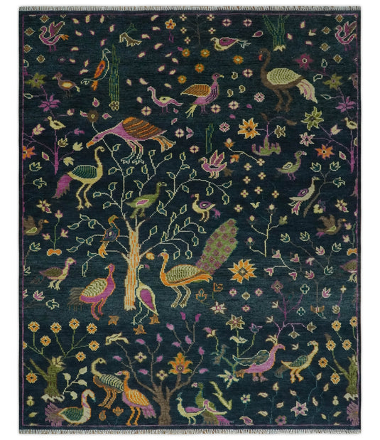 Versatile Green Antique Look Jungle Life Hand-Knotted 8x10 Wool Area Rug Ideal for Living Room, Dinning Room,Kids Room and Bedroom