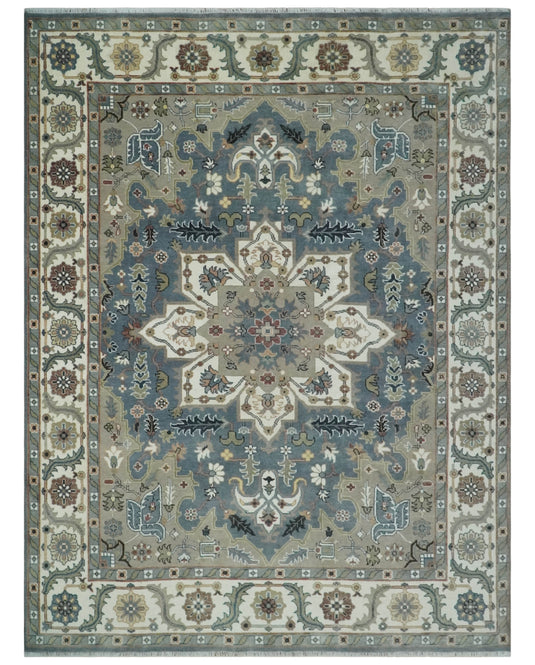 Hand Knotted Heriz Serapi Rug Blue Ivory and Olive Ideal for Living, Bedroom, and Dining Rooms 5x8, 6x9, 8x10, 9x12 and 10x14 Wool Rug | CP1723