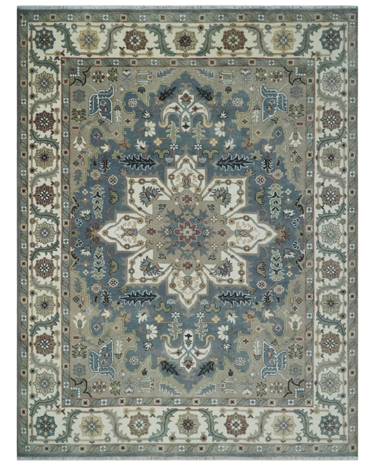 Vintage look Ivory, Charcoal and Olive Hand knotted Traditional 9x12 Heriz Serapi wool Area Rug