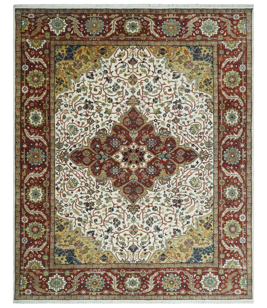 Premium look Hand knotted Ivory, Rust and Gold 8x10 Traditional Heriz Serapi wool Area Rug