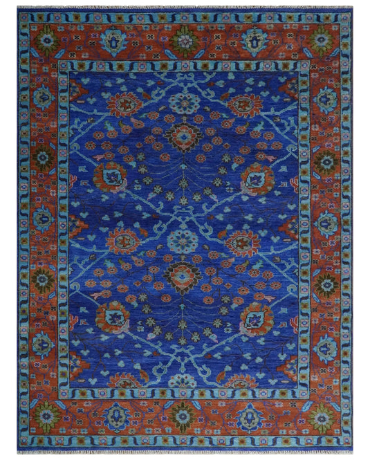 Hand knotted Traditional Floral Blue and Rust 9x12 wool Area Rug