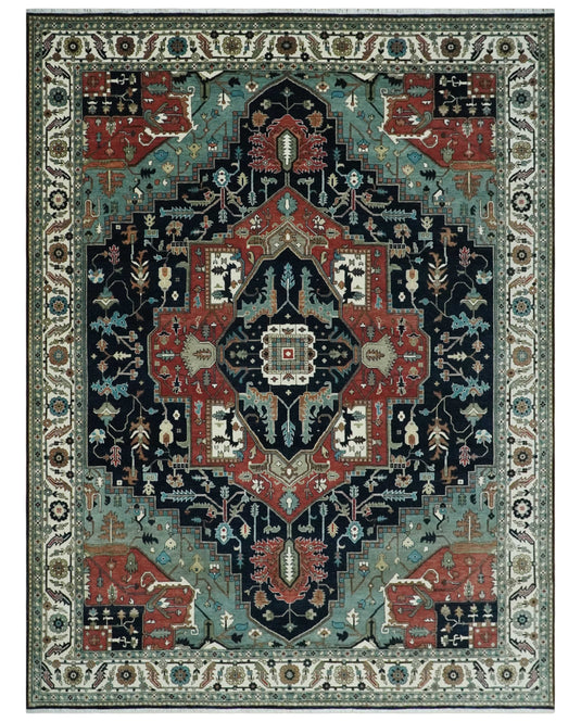 Brown, Black, Ivory and Blue Hand knotted 9x12 Traditional Heriz wool area Rug