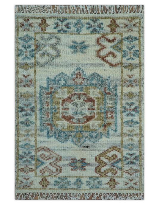 Hand Knotted 2x3 ft Transitional Ivory Wool Area Rug