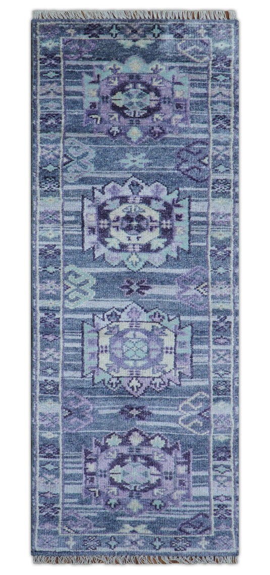 Traditional Transitional Design 2.6x8 ft Hand Knotted Purple Wool Area Rug