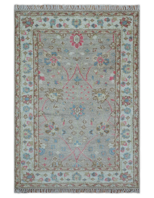 Traditional Oushak Design 4x6 ft Hand Knotted Ivory and Blue Wool Area Rug