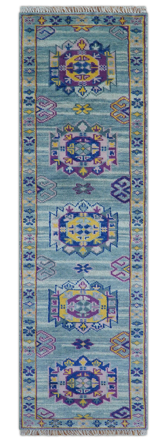 Traditional Geometrical Design 2.6x10 ft Hand Knotted Blue And Purple Wool Area Rug