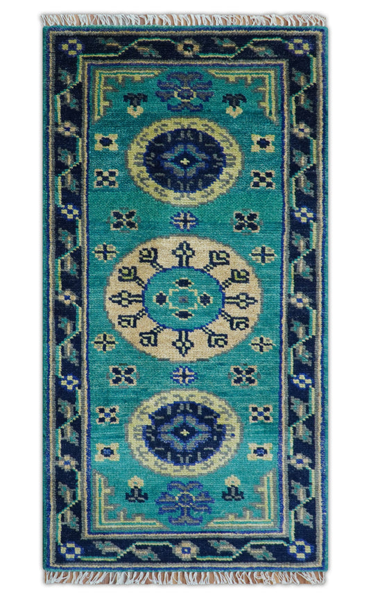 Traditional Khotan Design Teal And Blue 3x6 ft Hand Knotted Wool Area Rug
