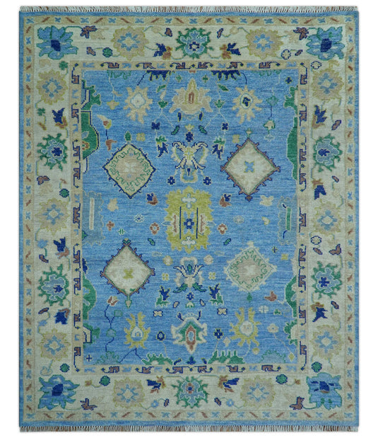 Traditional Turkish Design 8x10 ft Hand Knotted Blue And Ivory Wool Area Rug