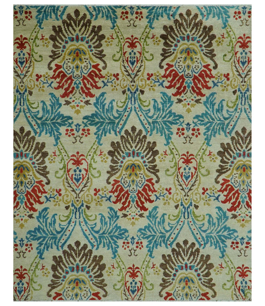 Custom Made Vintage Floral Beige And Blue Hand Knotted Wool Area Rug