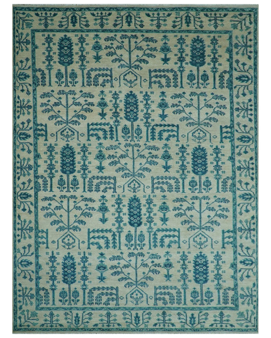 Traditional Tree of Life Teal And Ivory 9x12 ft Hand Knotted Wool Ideal for Living, Bedroom And Dining Rooms