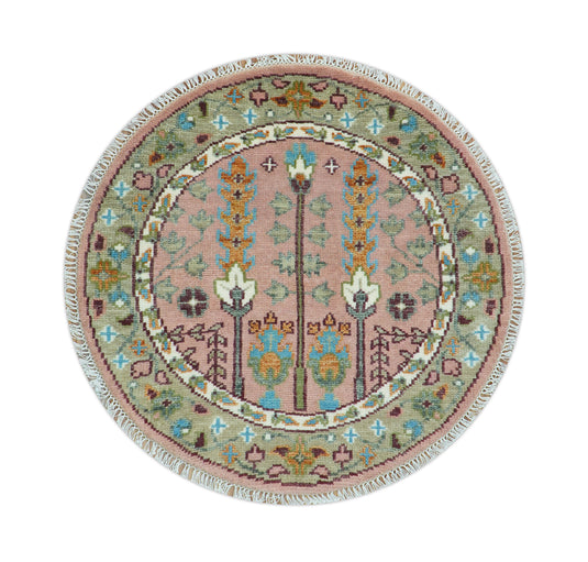 Pink And Olive Tree of Life Vintage Hand Knotted Wool Rug Living Room Rug- (FC)