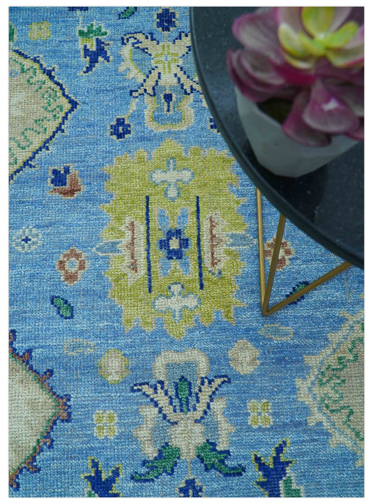 Traditional Turkish Design 8x10 ft Hand Knotted Blue And Ivory Wool Area Rug