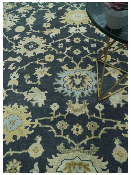 Traditional Oushak Charcoal, Sage Green And Ivory Hand Knotted Wool Rug 8x10 ft Ideal for Living, Bedroom And Dining Rooms