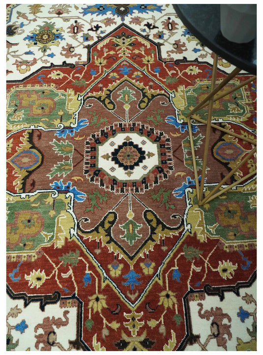 Hand Knotted Traditional Heriz Rust, Ivory, Blue, Green And Beige Wool Rug 9x12 ft Ideal for Living, Bedroom And Dining Rooms | CP2436912