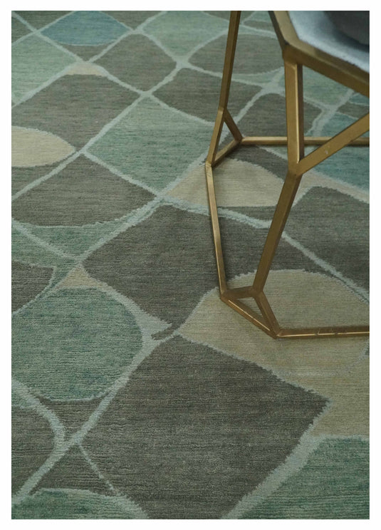 Contemporary Geometrical Pattern Hand knotted Charcoal, Green, Ivory and Blue 5x8 ft Bedroom, Living Room Rug Wool Area Rug