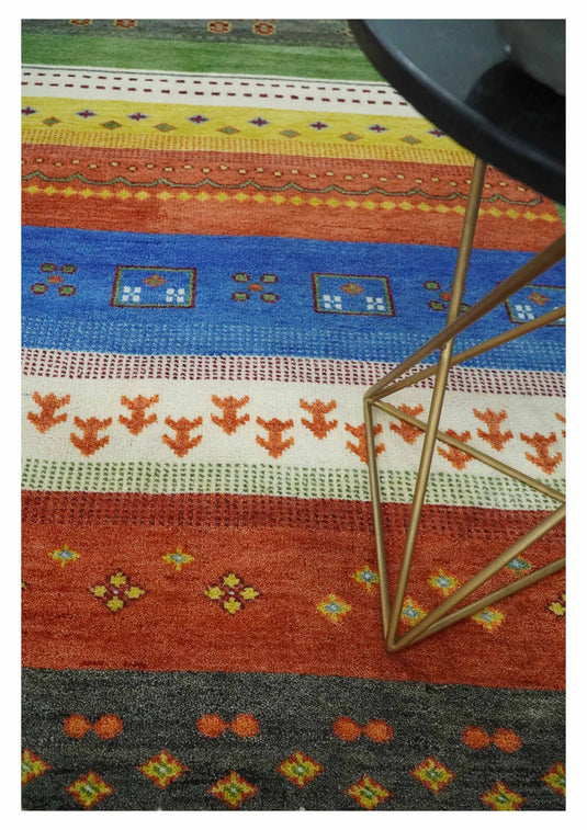 Green, Rust and Multicolored Hand knotted 8x10 Tribal Gabbeh Traditional Wool Area Rug