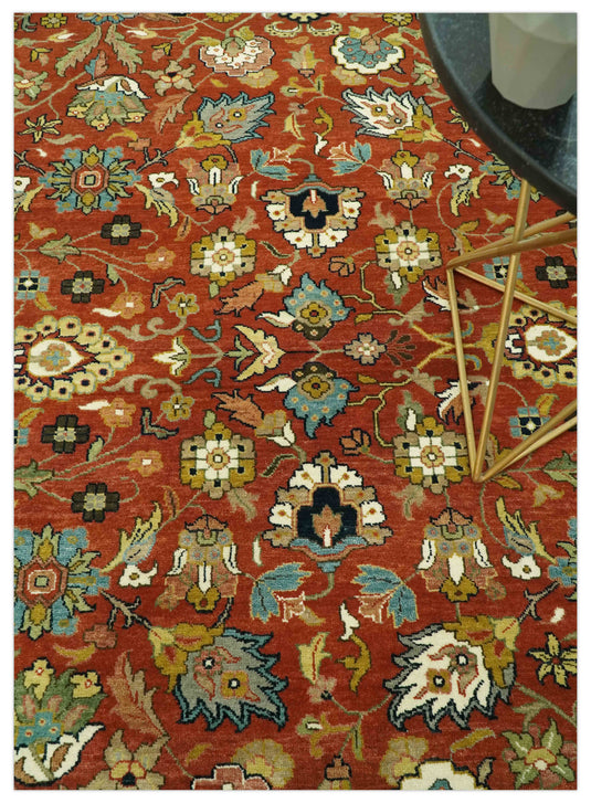 Hand Knotted Traditional Floral Rust, Beige, Blue And Ivory Wool Rug 8x10 ft Ideal for Living, Bedroom And Dining Rooms | CP2438810