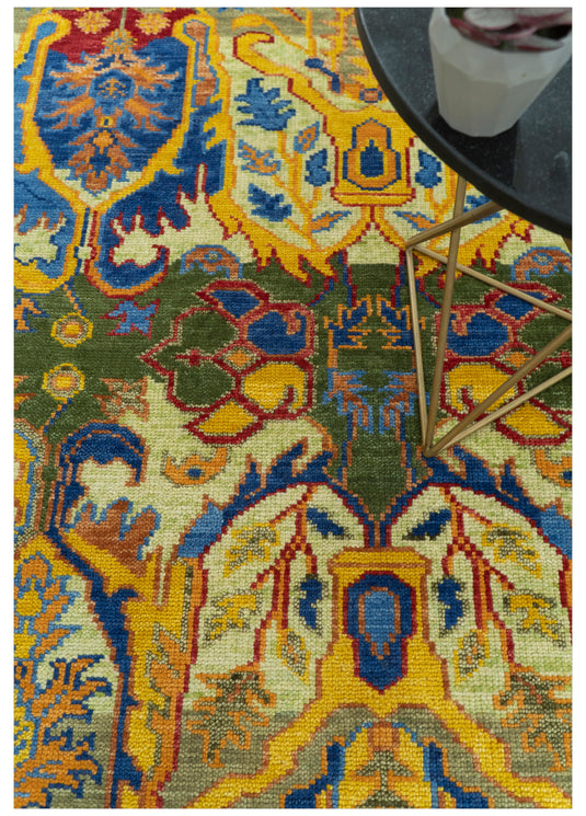 Transitional Gold, Green And Blue Hand Knotted 8x10 ft Wool Rug Ideal for Living, Bedroom And Dining Rooms