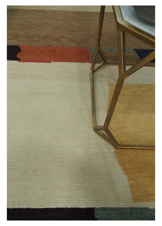 Modern Geometrical Pattern Hand Knotted Brown and Charcoal 5x6 ft Bedroom, Living Room Rug Wool Area Rug