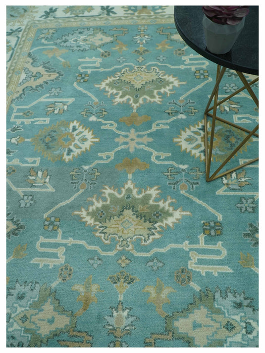 Custom Made Aqua, Beige, Gray And Ivory Traditional Oushak Hand Knotted Wool Area Rug