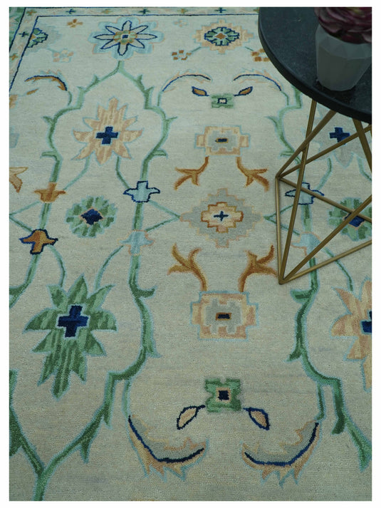 Custom Made Ivory, Green And Blue Floral Motifs Hand Tufted Wool Area Rug
