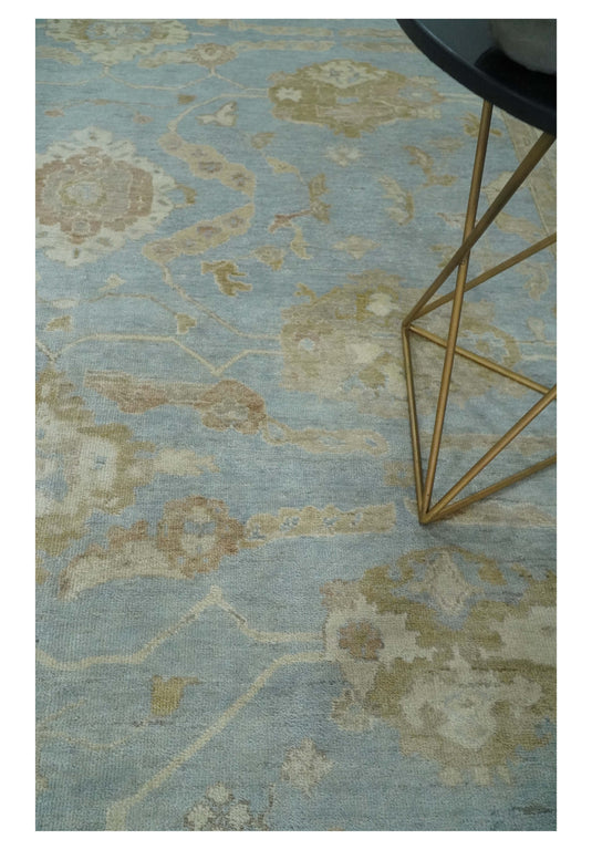 Traditional Oushak Hand Knotted Blue, Brown, Ivory and Olive 9x12 ft Bedroom, Living Room Rug ,wool Area Rug