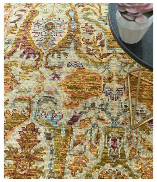 Beige, Peach And Green Transition Hand Knotted 8x10 ft Wool Rug Ideal for Living, Bedroom And Dining Rooms