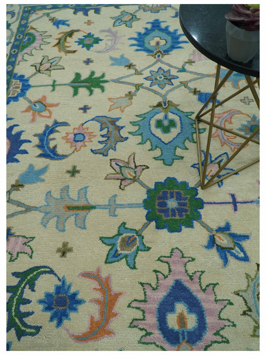 Custom Made Beige And Blue Traditional Floral Motifs Hand Tufted Wool Area Rug