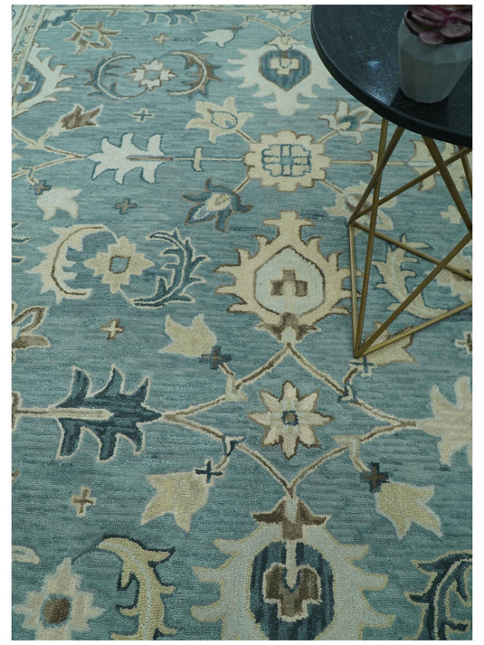 Custom Made Blue, Gray And Ivory Traditional Floral Motifs Hand Tufted Wool Area Rug
