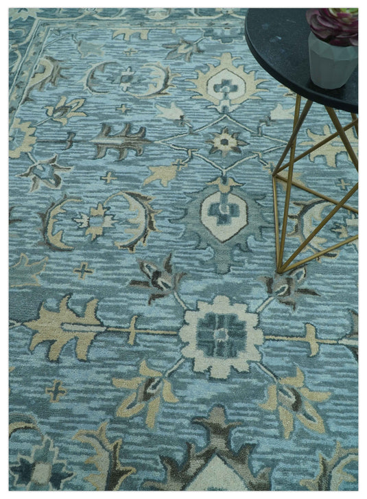 Traditional Floral Aqua, Gray and Beige Hand Tufted 8x10 ft Bedroom, Living Room Rug Wool Area Rug