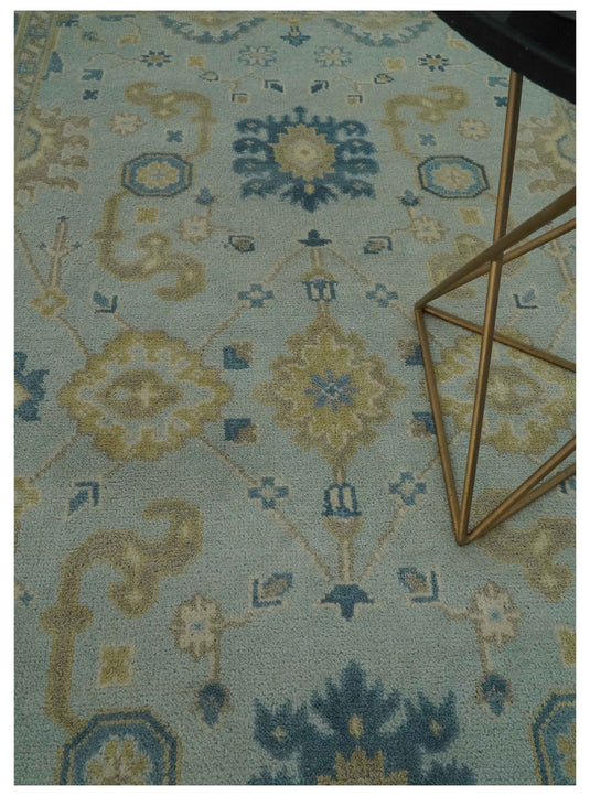 Custom Made Hand Knotted Traditional Pattern Blue And Beige Wool Area Rug