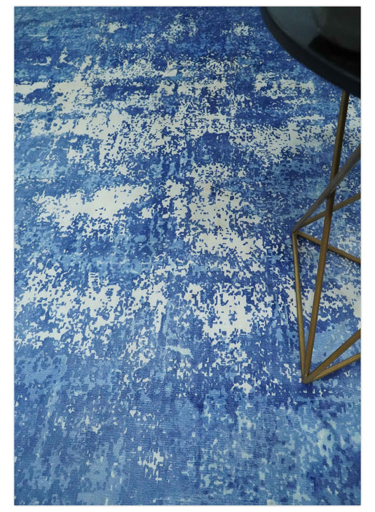 Modern Abstract Blue And Ivory Handloom 5.6x8 ft Bedroom, Living Room Rug Wool And Viscose Area Rug