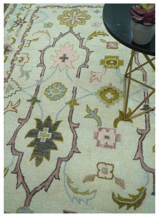 Traditional Floral Oushak Cream, Olive And Peach Hand Tufted 8x10 ft Bedroom, Living Room Rug Wool Area Rug