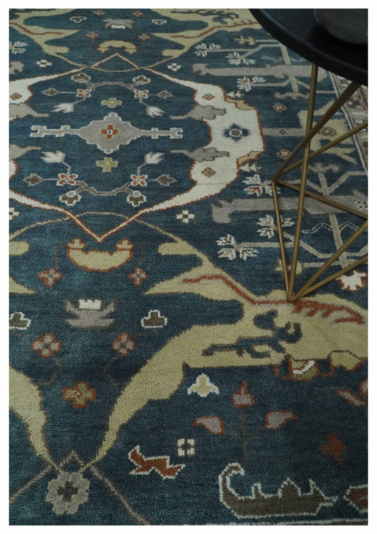 Traditional Oriental Oushak Hand knotted Dark Blue and Beige 8x10 ft Bedroom, Living Room Rug ,wool Area Rug