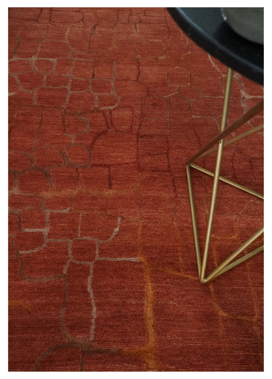 Contemporary Geometrical Pattern Handloom Rust 5x7 ft Bedroom, Living Room Rug , Wool, Art Silk Area Rug AAOC1157