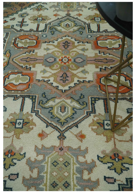 Traditional Medallion Pattern Ivory, Brown, Gray and Olive Hand Knotted 8x10 ft wool Area Rug