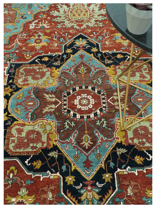 Hand Knotted Traditional Central Medallion Red, Aqua, brown, Black And Olive Wool Rug 9x12 ft Ideal for Living, Bedroom And Dining Rooms | CP986912