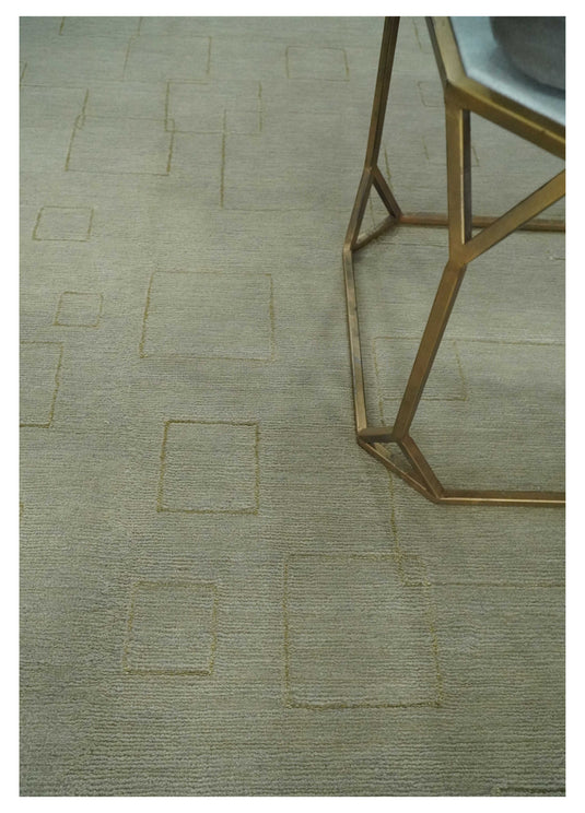 Modern Geometrical pattern Hand Knotted Olive and Gold 5x8 ft Bedroom, Living Room Rug Wool and Art Silk Area Rug