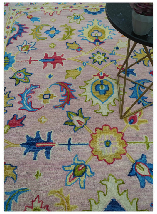 Custom Made Light Pink, Blue And Ivory Traditional Oushak Hand Tufted Wool Area Rug