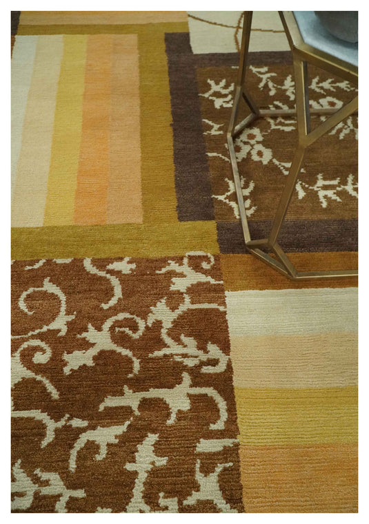 Modern Geometrical Floral pattern Hand Knotted Brown, Beige, Ivory and Olive 6x8 ft Bedroom, Living Room Rug Wool Area Rug
