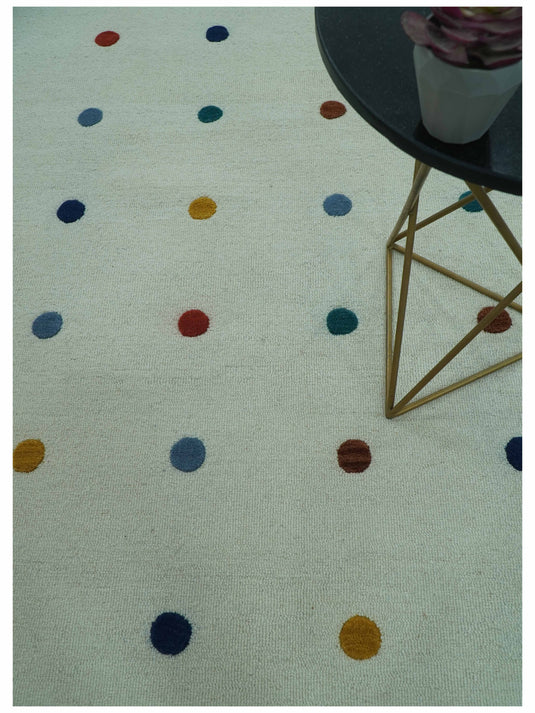 Modern Dots White, Blue, Yellow And Rust Hand Tufted 8x10 ft Bedroom, Living Room Rug Wool Area Rug