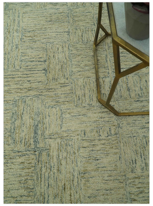 Hand Tufted Interlocking Squares Gray, Ivory And Olive Wool Rug 5x7.6 ft Ideal for Living, Bedroom And Dining Rooms