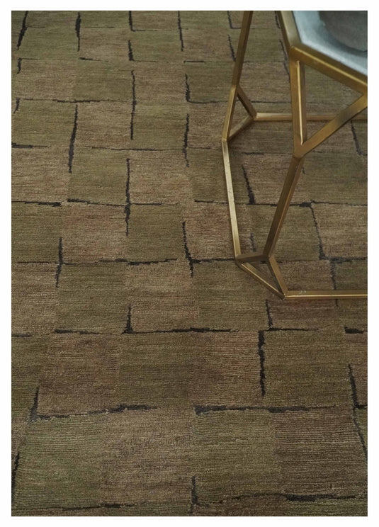 Modern geometrical Hand Knotted Brown, Olive and Charcoal 5x8 ft Bedroom, Living Room Rug Wool and Art Silk Area Rug