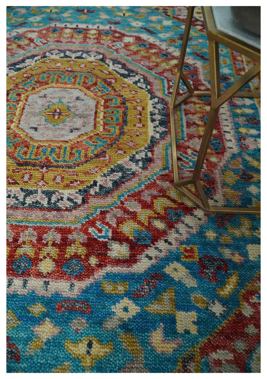 Traditional Persian Colorful Hand knotted Light Blue, Mustard and Red 6x9 ft Bedroom, Living Room Rug ,wool Area Rug