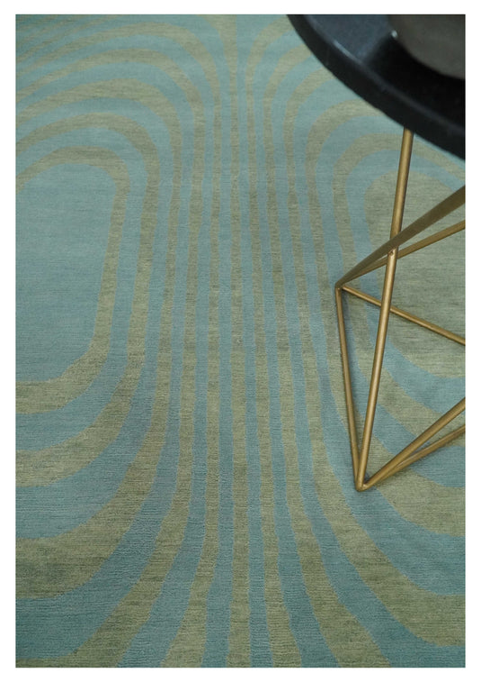 Modern geometrical Hand Knotted Olive and Blue 5x8 ft Bedroom, Living Room Rug Wool Area Rug