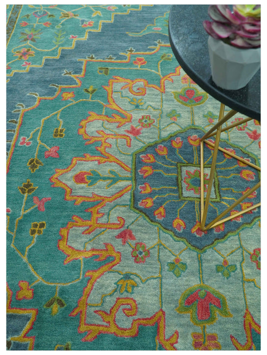 Custom Made Traditional Floral And Botanical Pattern Green, Blue And Yellow Hand Tufted Wool Area Rug