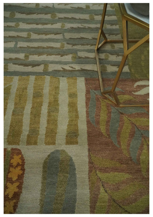 Floral Geometrical Hand Knotted Olive, Ivory, Brown and Teal 5x8 ft Bedroom, Living Room Rug Wool Area Rug